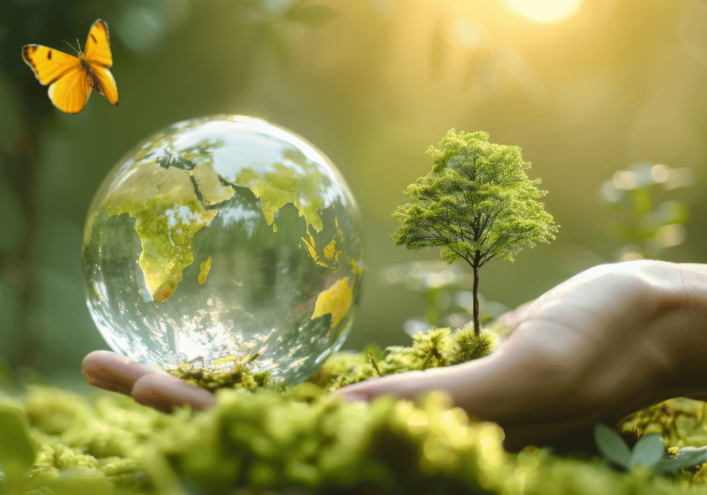 Hands holding a growing tree with a butterfly flying towards the plant symbolising eating disorder identity transformation and authentic self emergence
